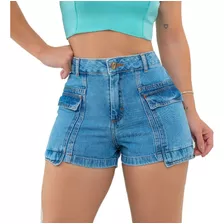 Short Jeans Cargo Feminino Bolsos Laterais Barra Feita Aba