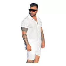 Conjunto Verão Masculino Praia Listrado Camisa Lisa Viscose