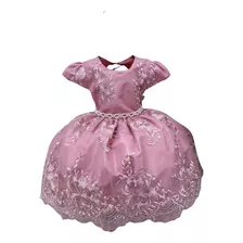 Vestido Infantil Rose C/ Renda Cinto De Pérolas Princesas