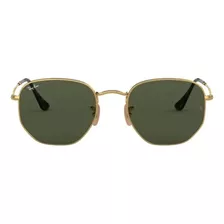 Óculos De Sol Ray-ban Round Hexagonal Flat Lenses Médio Armação De Aço Cor Gold, Lente Green De Cristal Clássica, Haste Gold De Aço - Rb3548n