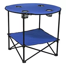 Mesa Plegable Metal Para Camping Con Portavasos Azul