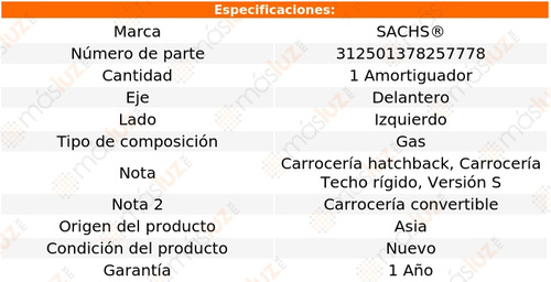 1- Amortiguador Gas Delantero Izq Cooper L4 1.6l 00/08 Sachs Foto 2