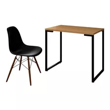 Mesa Escrivaninha Fit 90cm Natura E Cadeira Charles Preta - Cor Marrom