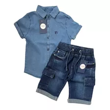 Conjunto Infantil Menino Bermuda E Camisa Jeans Lycra Verão 