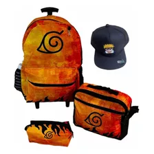 Kit Mochila Rodinha Estojo Lancheira Naruto Brinde Boné Rodi