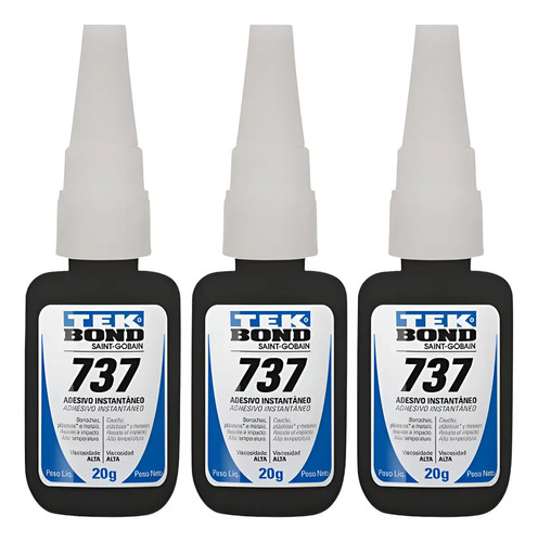 Kit 3 Adesivos Cola Instântanea Preta Tekbond 737 20g Preto