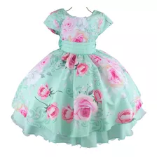  Vestido Infantil Floral Linha Luxo Verde Com Saiote 4064