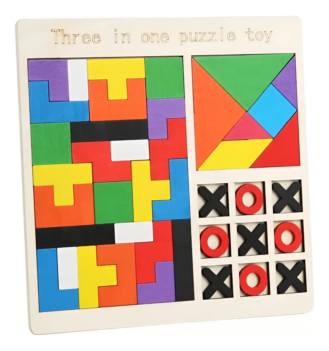 Juego 3 En 1 Tetris Tangram Tateti Didáctico Madera Ingenio
