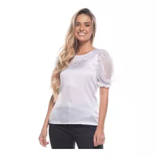 Blusa Romântica Cetim Floral Manga De Tule Bufante Branco