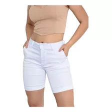 Bermuda Jeans Branca Feminina Sarja Bivik Bolso Lycra