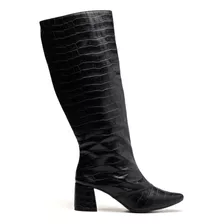 Botas Femininas Cano Longo Croco Salto Grosso Baixo Preto