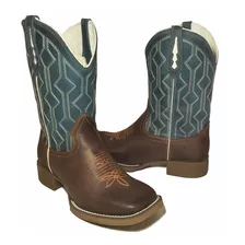 Bota Texana Crazy Horse Azul Sola Marrom Bico Quadrado