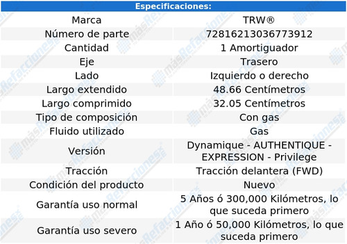 1 Amortiguador Gas Tras Izq/der Renault Fluence 11 Al 17 Trw Foto 2