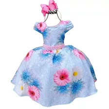 Vestido Infantil Juvenil Azul Florido Floral Princesa Festa