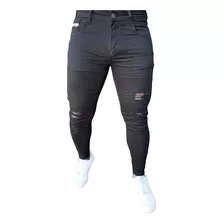 Calça Jeans Skinny Preta Destroyed Rasgada Masculina