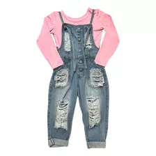 Macacao Jeans Infantil Menina + Blusa Basica Manga Longa 2pç