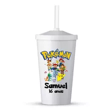 20 Copos De Canudo C- Tampa Personalizado Pokémon Pikachu