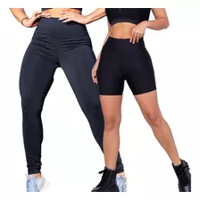 Kit Calça E Shorts Legging Fitness Feminino Cós Alto Suplex