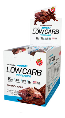 Suplemento En Barra Gentech  Low Carb Protein Bar Proteína Sabor Brownie Crunch En Caja De 450g Pack X 10 U
