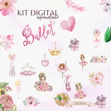 Kit Digital Aquarelado Ballet 130 Itens - Entrega Imediata