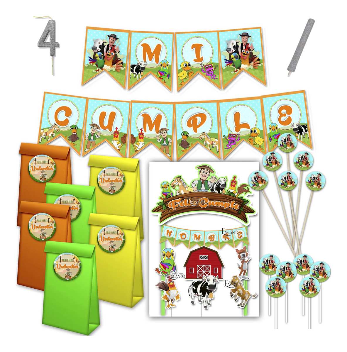 Combo X12 Niños Bolsitas + Topper +vela +banderin Cumple Kit Granja De Zenon Bartolito Percheron Vaca Lola