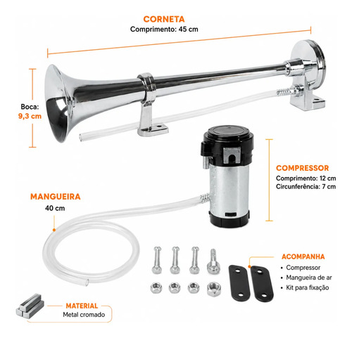 Buzina Marítima 45cm Cromada 12v Com Compressor — foto 3