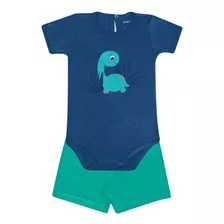 Roupa Bebê Menino Conjunto Body E Bermuda Marinho Verde Dino