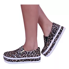 Slip On Tênis Feminino Plataforma Onça Com Ziper Lateral