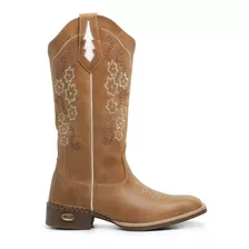 Bota Texana Feminina Country Em Couro Bordada Marrom