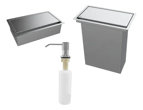 Kit Porta Esponja + Lixeira Retangular 5l + Dispenser Inox Cinza
