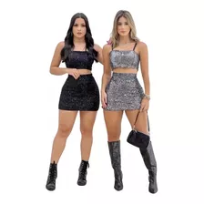 Conjunto Cropped E Saia Brilho Paetê Lantejoula Lançamento 