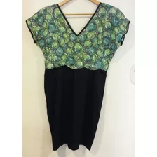 Vestido Negro Y Verde Print Floral Talle M L Vintage 