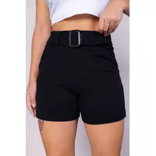 Short Alfaiataria Feminino Fivela Cintura Alta Bolso Lateral