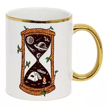 Caneca Branca C/ Borda Ouro Ampulheta Tempo Universo Planeta