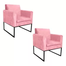 02 Poltronas Bella Base De Ferro Preta Suede Rosa Bebê - Adj