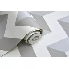 Papel De Parede Importado Chevron Cinza Branco - Rolo Vinílico Lavável 9,5m X 53cm + Cola Grátis