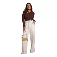 Conjunto Calça Pantalona E Blusa Manga Longa Recorte Decote