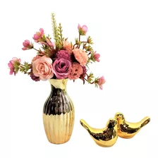  Kit Decorativo Vasinho Dourado + Flores + Casal De Pássaros