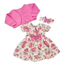 Vestido De Bebe C/ Bolero E Tiara 100% Algodão Luxo Reborn