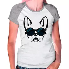 Camiseta Raglan Buldog Francês Pet Dog Cinza Branca Fem13