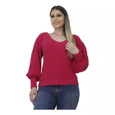 Blusa Feminina Tricot Gola V Manga Flang Bufante