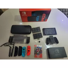 Console Nintendo Switch Completo! Com Base De Recarga E Tv, 2 Controles Joycon Vermelho E Azul Neon, Capa/case/emborrachado De Proteção, Porta Cartão