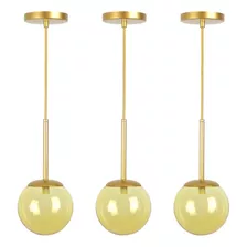 Kit 3 Pendentes Jabuticaba Dourado Globo De Vidro Âmbar