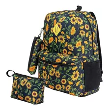 Kit Mochila Estampa Girassol + Estojo + Frasqueira Reforçada