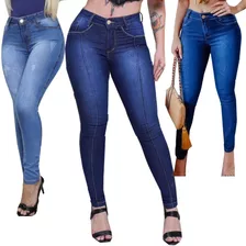 Kit 3 Calças Feminina Jeans Cintura Alta Até O Umbigo Lycra