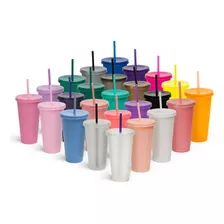 Pack De 12 Vasos Reutilizables Con Popote Bebida Fria 24oz