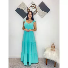 Vestido Longo Franzido Pipoca Com Babada Na Manga 