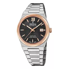 Festina Reloj Acero Hombre Swiss Made Automatico Zafiro Correa Plateado Bisel Plateado Fondo Negro