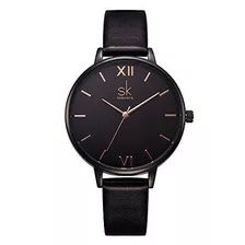 Reloj De Cuarzo Para Mujer Con Banda En Cuero Color Negro Sk