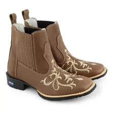 Bota Country Texana Feminina Em Couro Bico Quadrado Bordado 